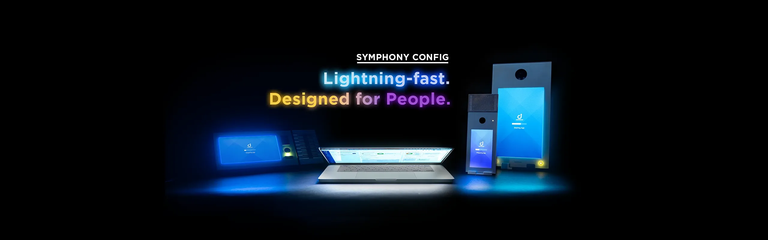 Symphony Config: Fast, People-Designed Intercoms A laptop and modern intercom devices glowing blue on a dark background, showing 'Symphony Config' text.