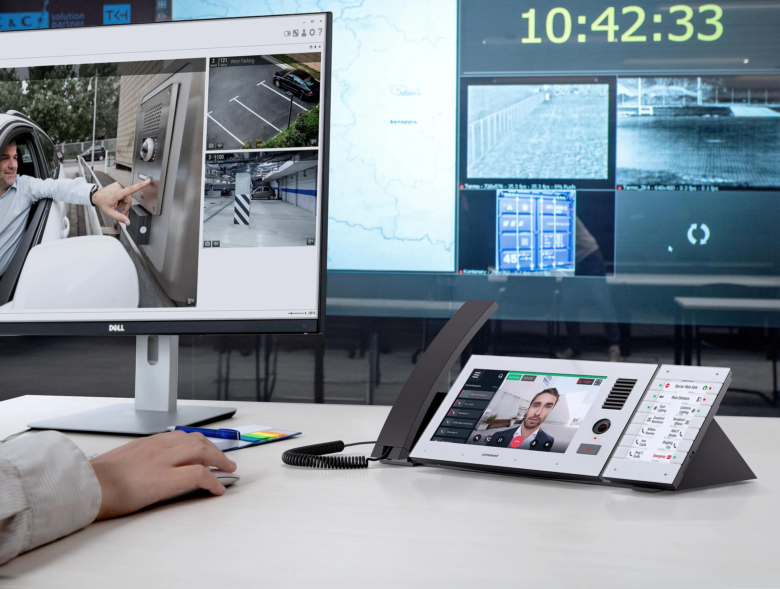 Control desk with Security Intercom and video monitoring system Control room Intercom solution with video call and security camera feeds