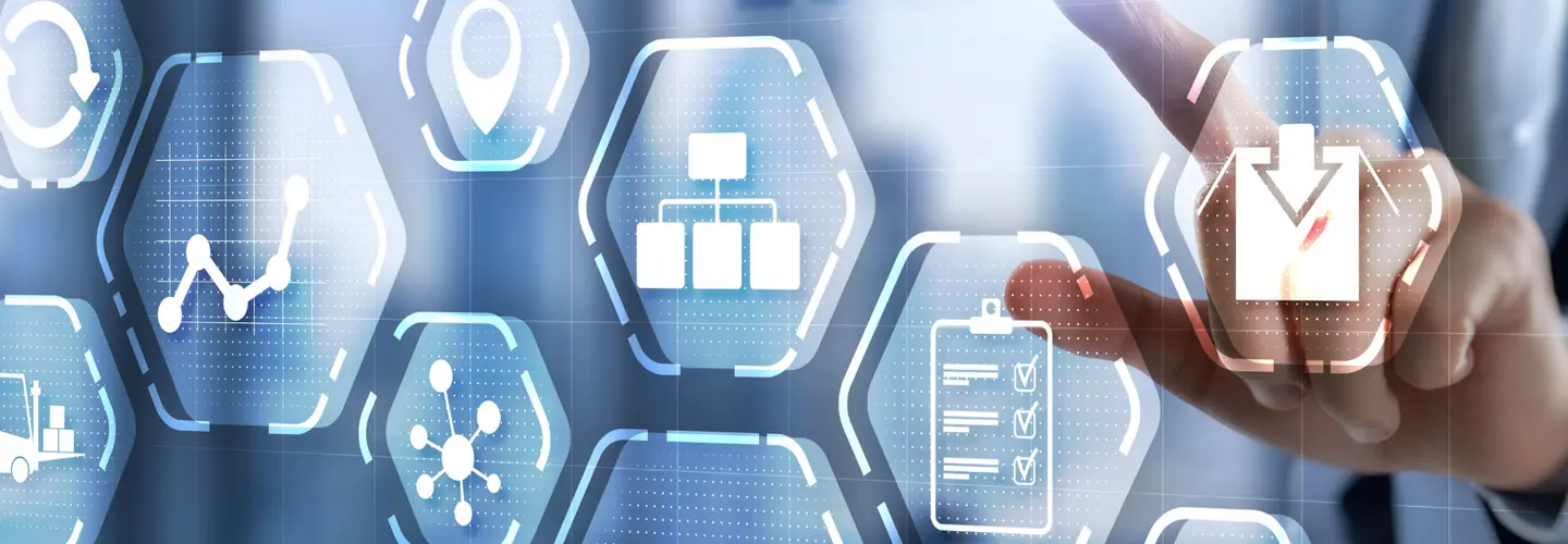 Digital Logistics Solutions Hand touching a screen with "LOGISTICS" and icons like truck, globe, chart, and location pin.