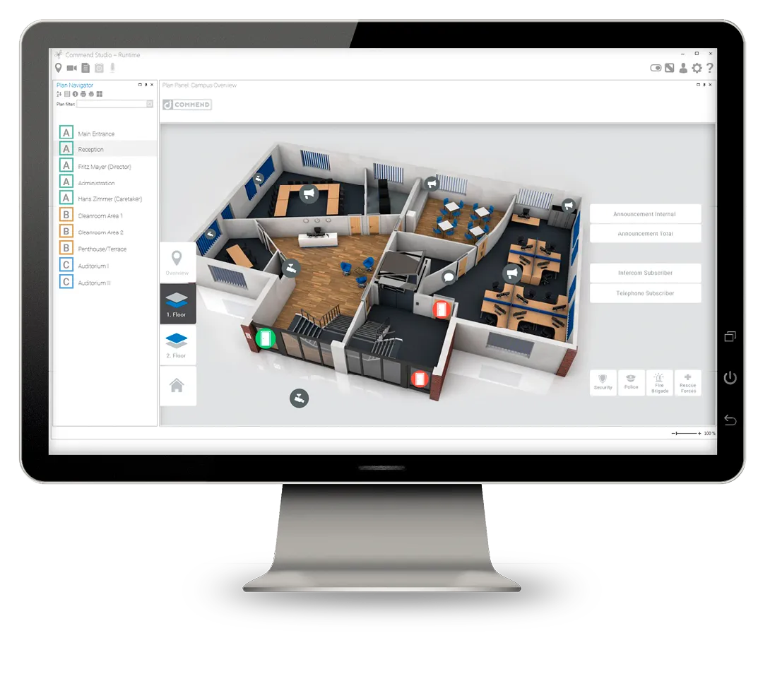 Interface de gestion interphonie 3D Interface logicielle 3D sur écran, montrant un plan de bâtiment avec postes d'interphonie et points de sécurité pour une gestion centralisée.