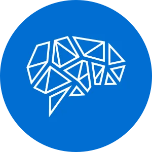 Smart Solutions Brain White polygonal brain icon on blue, representing intelligence and solutions.