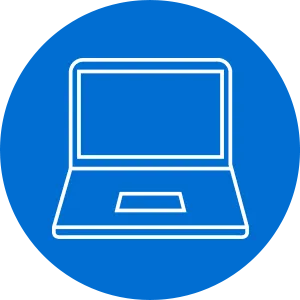 Digital Management Interface White outline of an open laptop on a blue background, symbolizing digital management.