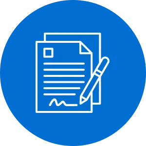 Document Signing White outline icon showing documents and a pen signing on a blue background.