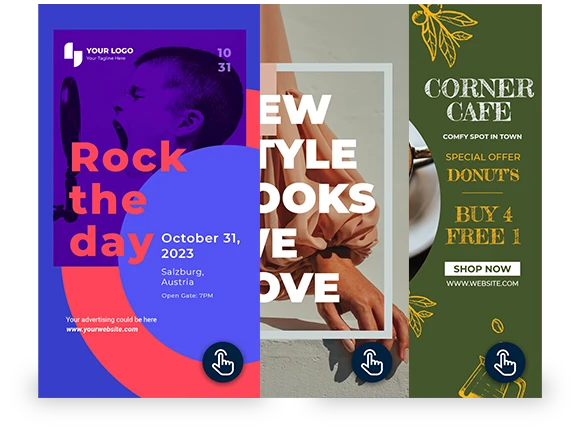 Vibrant Digital Story Ads Three vertical digital ads: event promo, fashion ad, cafe offer. Each has a 'tap' icon.