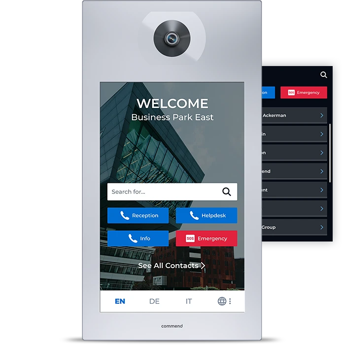 Modern Intercom System for Business Park Digital intercom panel with a welcome screen, camera, and quick-dial buttons for a business park.