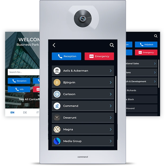 Modern Intercom Panel for Business Entry Modern intercom with touchscreen directory, reception, and SOS emergency options at a business park.