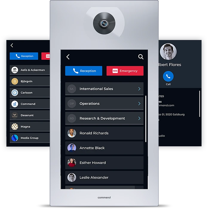 Modern Intercom System with Directory White modern intercom with a camera and a dark touchscreen displaying a contact list.