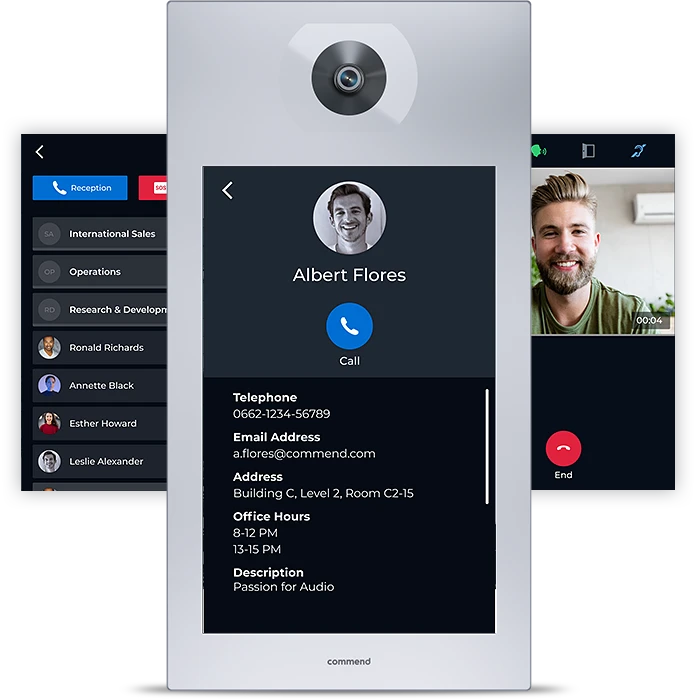 Modern Intercom Video Call Interface Digital intercom showing contact profile, call button, and a smiling man on a video call.