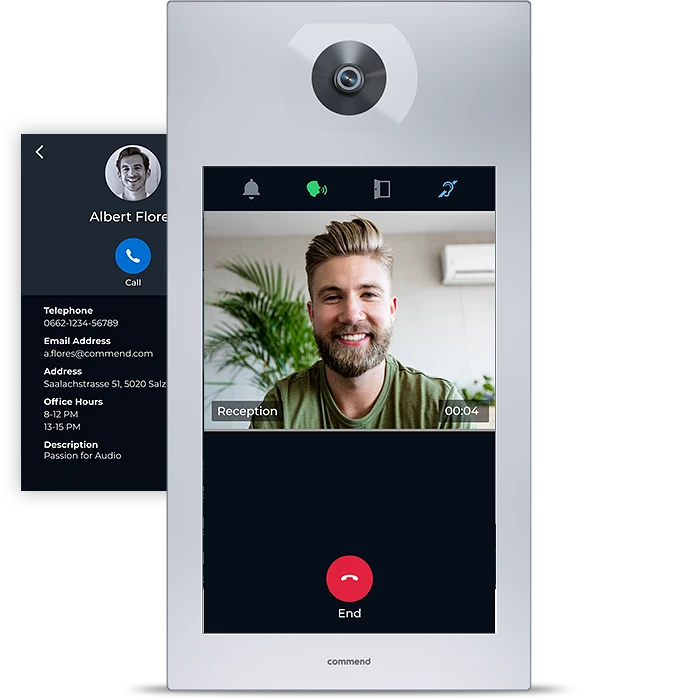 Modern Video Intercom System in Action A modern video intercom unit shows a smiling man on a call, with contact details partly visible on a side screen.