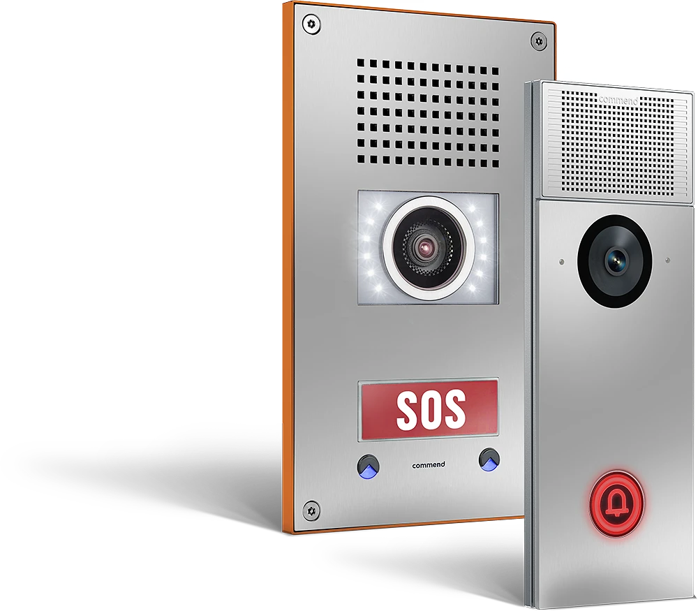 Commend Emergency Intercom Systems Two Commend intercoms, one with a camera and SOS button, another with a red emergency button.