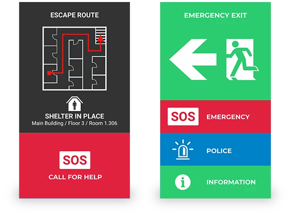 Emergency & Safety Point Display Two digital safety displays: one with escape route map and shelter details, another with emergency exit, SOS, police, and info buttons.