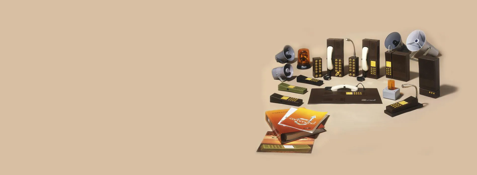 First Commend intercom and public address devices representing 50 years Early Commend intercom and public address system devices showing 50 years of security expertise