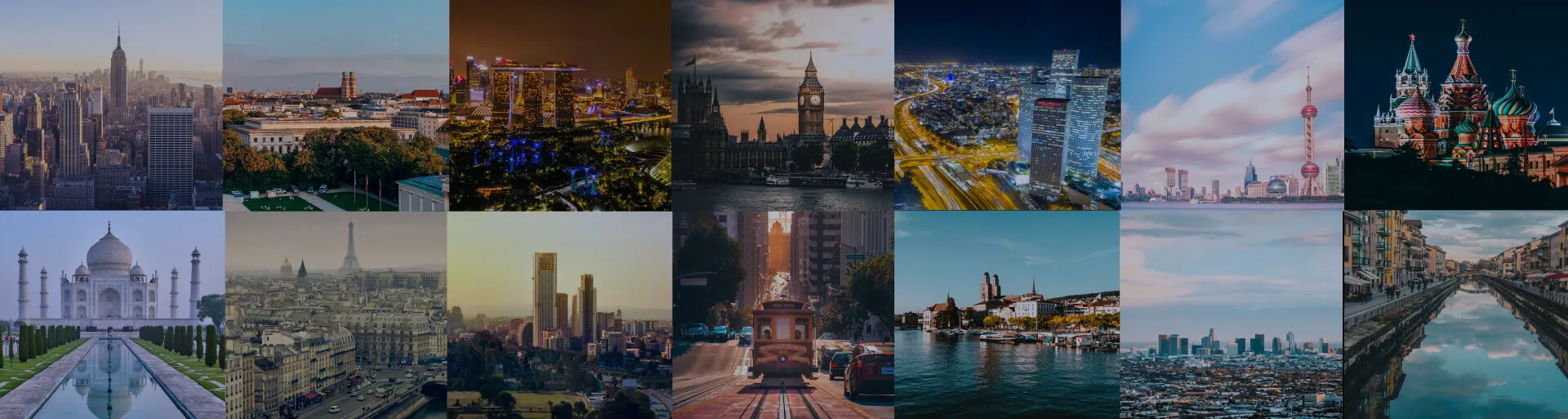 Global Cities: Seamless Communication Collage of famous city skylines and landmarks including NYC, London, Paris, Moscow, Taj Mahal, showcasing global reach.