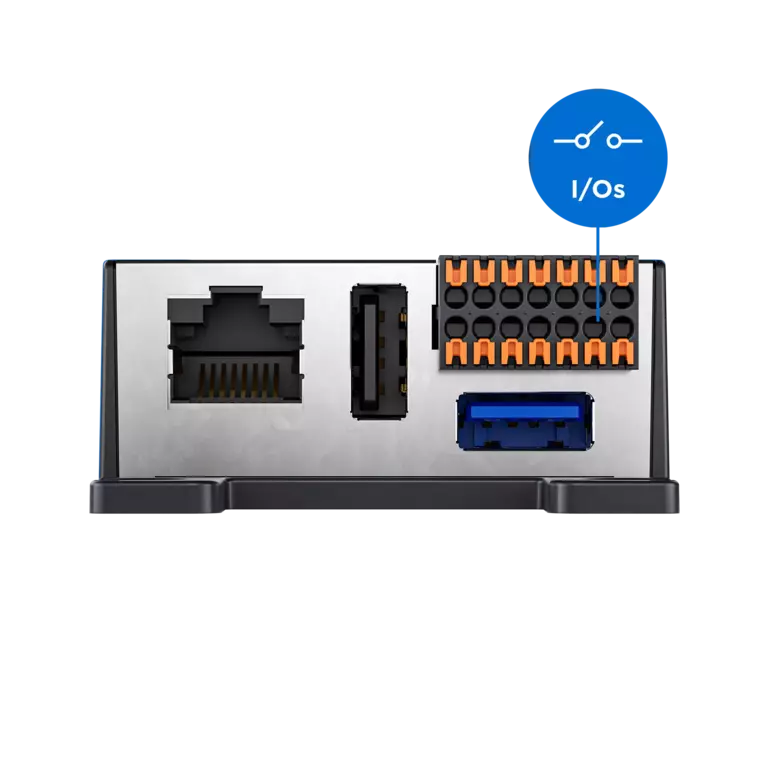 Interphone: Connectique et E/S Panneau arrière d'un interphone avec ports Ethernet, USB 3.0 et E/S.