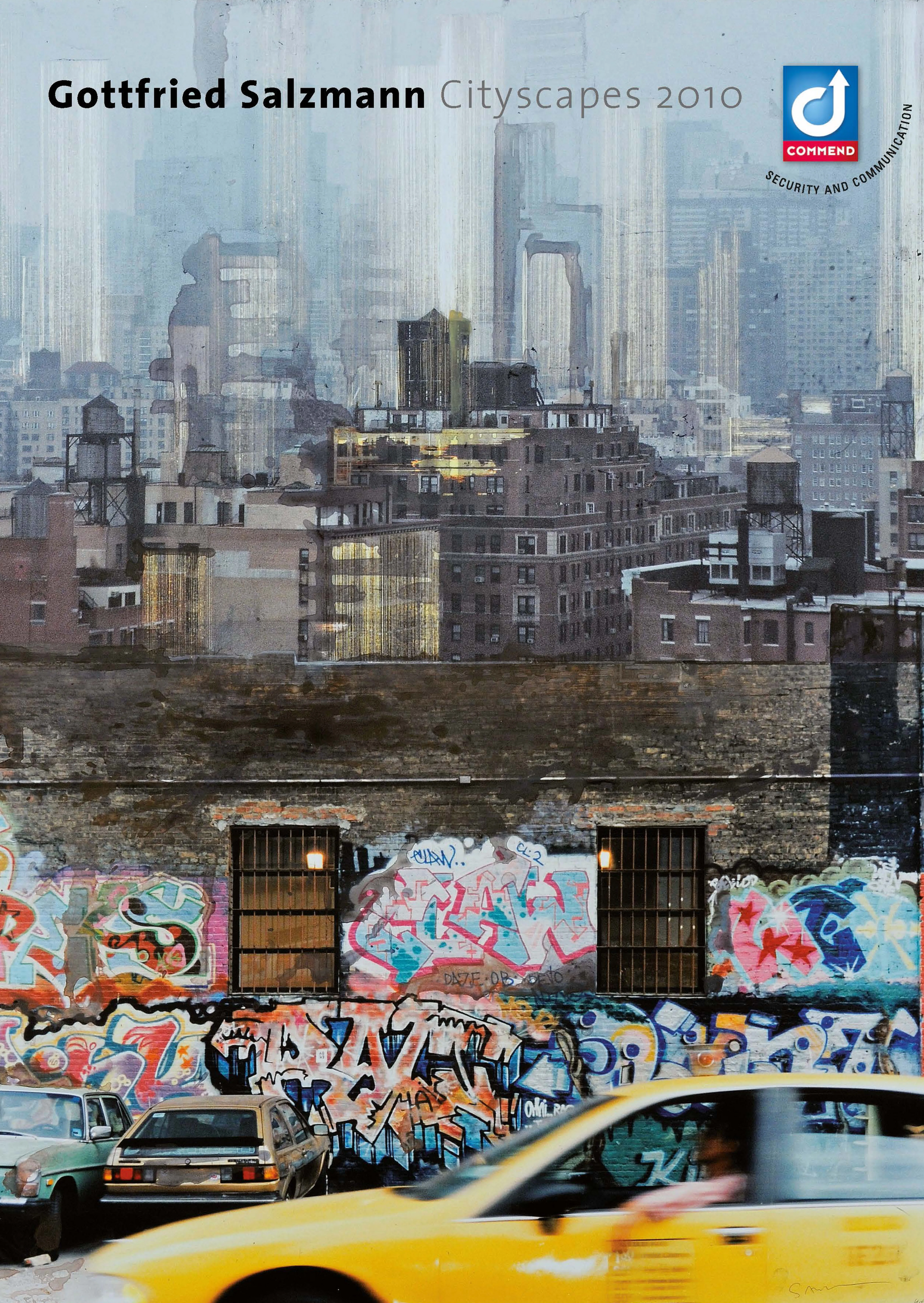 Gottfried Salzmann Cityscapes 2010 Exhibition poster: artwork of a city, graffiti, moving taxi, with Commend communication logo.