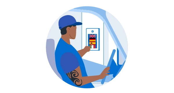 Driver interacting with intercom system Driver using a multilingual intercom system in a vehicle.