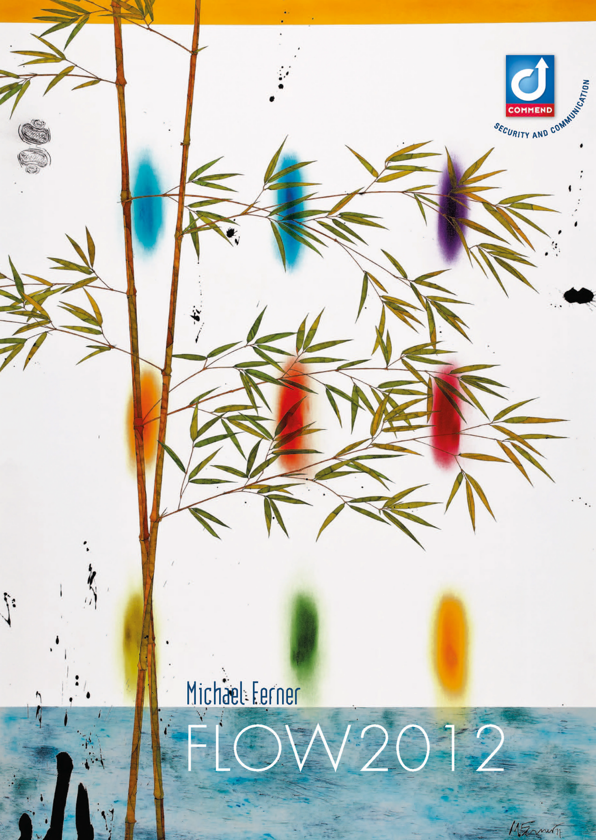 Michael Ferner: FLOW2012 Art, Commend Abstract art by Michael Ferner featuring bamboo, vibrant colors, and Commend logo with 'FLOW2012' text.