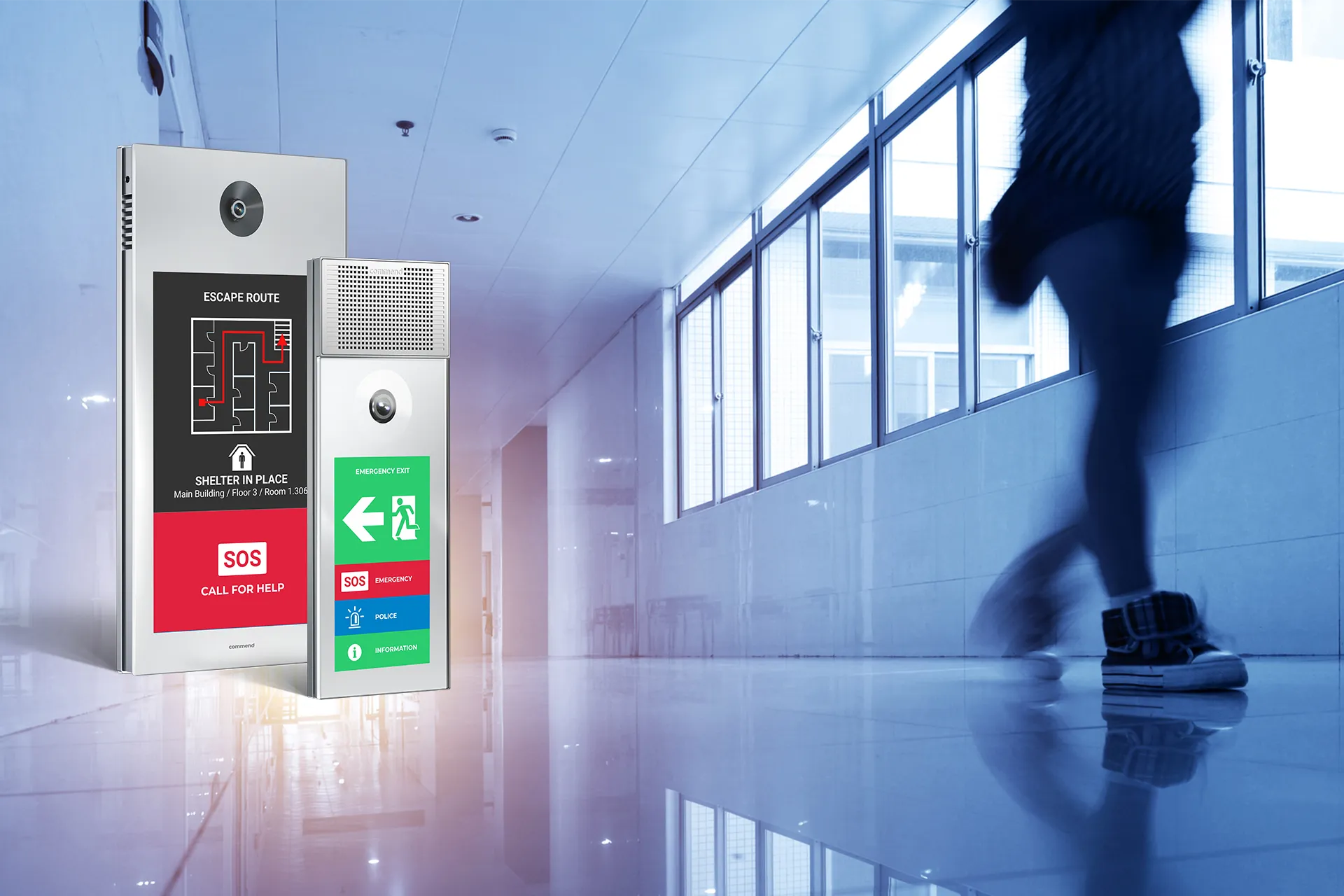 Modern Intercoms for Enhanced Safety Two modern building intercoms with emergency call features and information displays in a bright hallway.