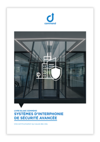Advanced Security Intercom Systems White paper cover: "Advanced Security Intercom Systems" by Commend, over modern building entrance.