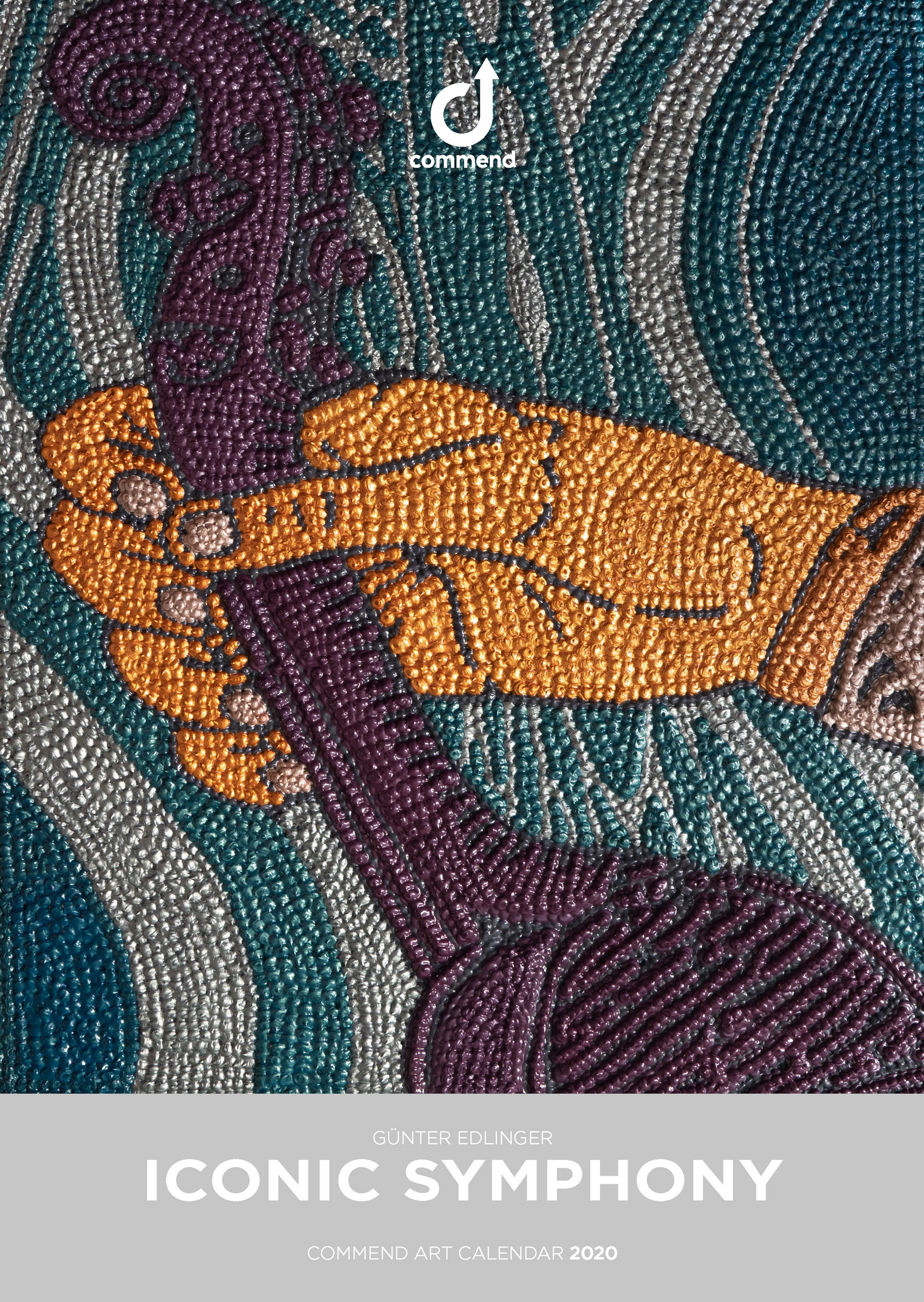 Günter Edlinger: Iconic Symphony Art Textured art calendar cover with swirling patterns and a golden hand, by Günter Edlinger for Commend.