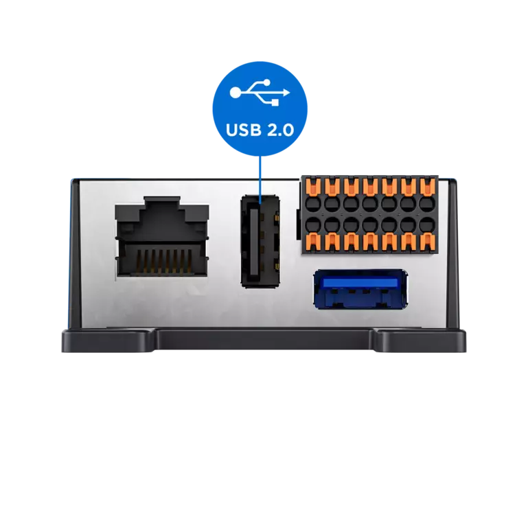 Connectique d'Interphonie Panneau arrière d'un interphone avec ports Ethernet, USB 2.0, USB 3.0 et borniers.