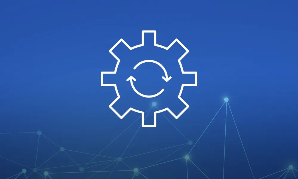 System Integration & Updates White gear icon with refresh symbol on blue background with network nodes.