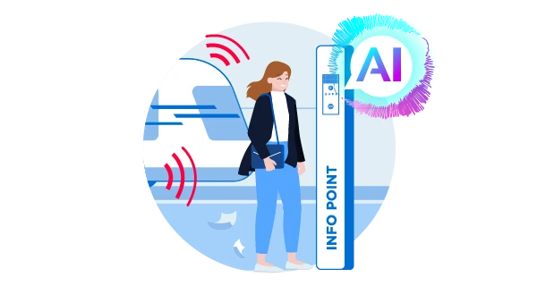 Smart AI Intercom for Passengers Illustration of a woman interacting with an AI info point (intercom) at a train station for communication.