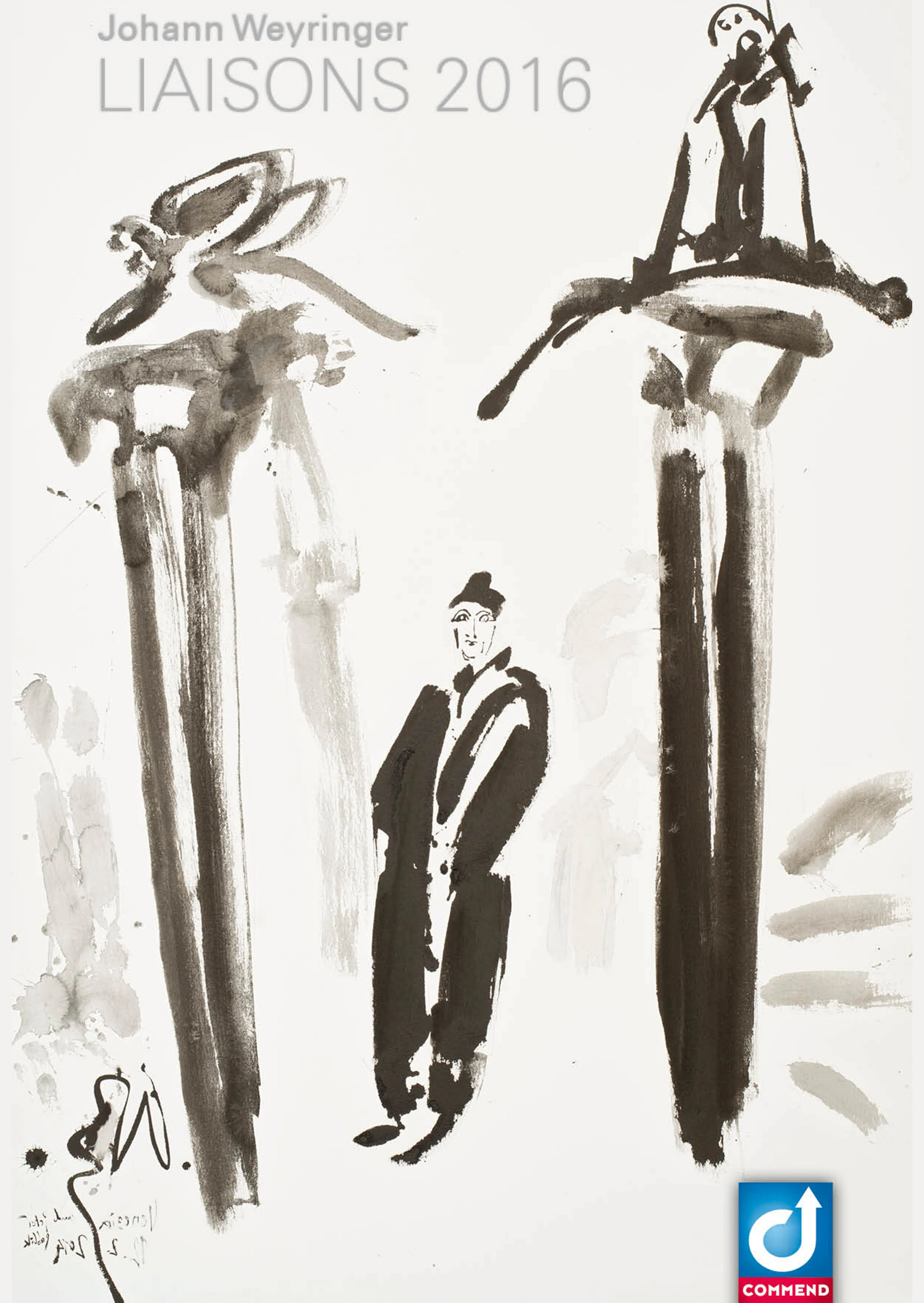 Weyringer: Liaisons 2016 – COMMEND Black and white ink drawing "Liaisons 2016" by Johann Weyringer, with abstract figures and a COMMEND logo.