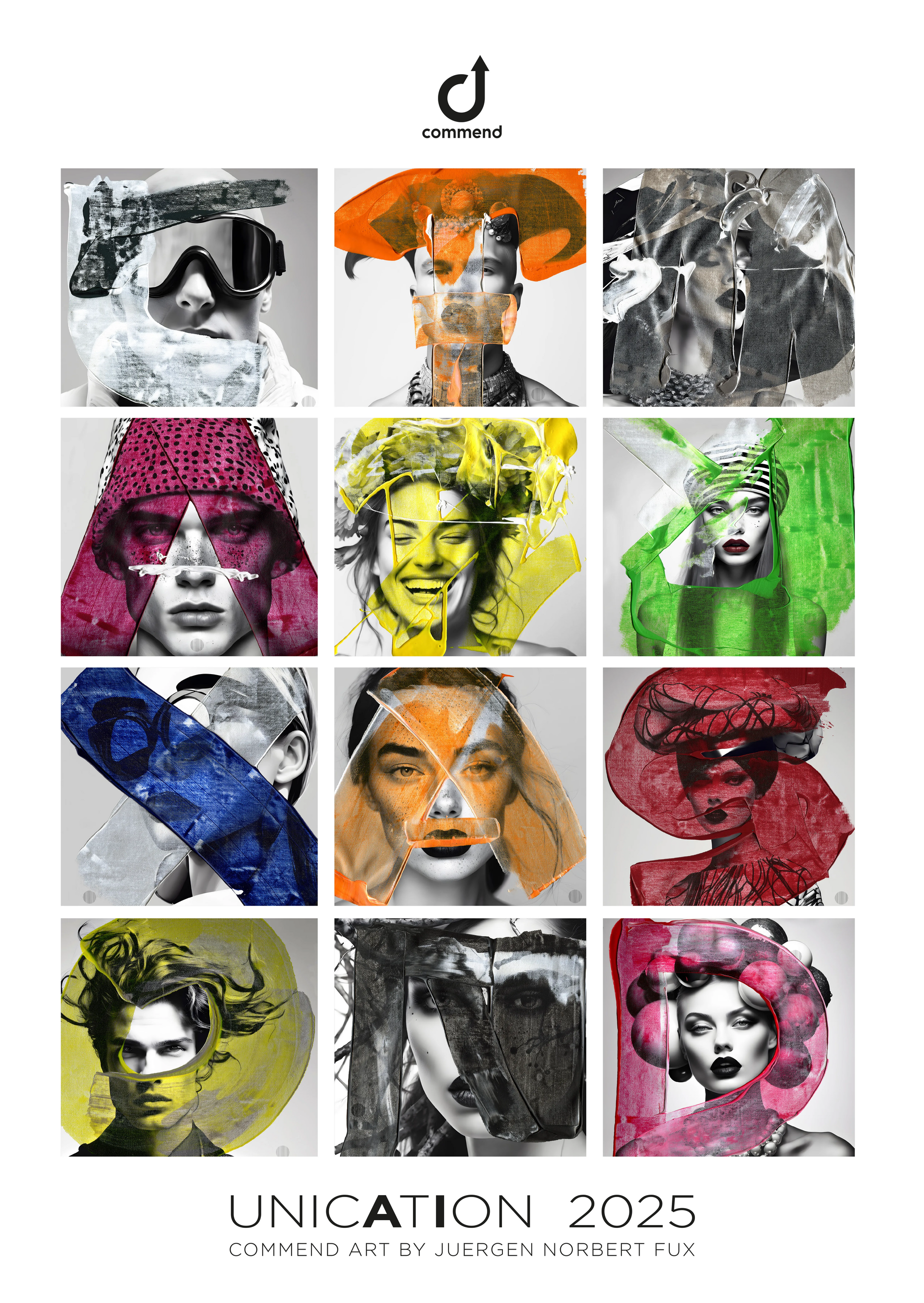 Commend UNICATION 2025 Art Series Grid of 12 diverse artistic portraits with colorful abstract overlays, Commend logo, "UNICATION 2025" and artist name.