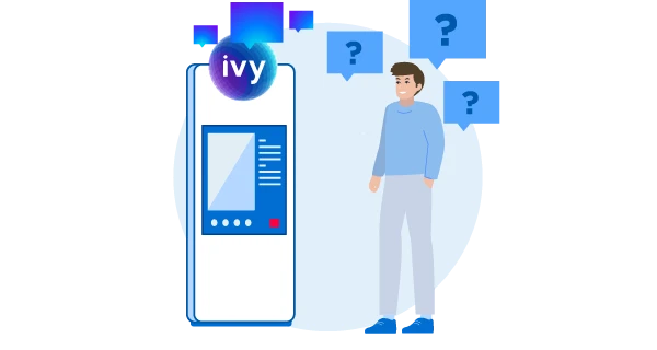 Ivy: Your Communication Questions Answered Illustration of a man with question marks looking at an 'ivy' branded communication system screen.
