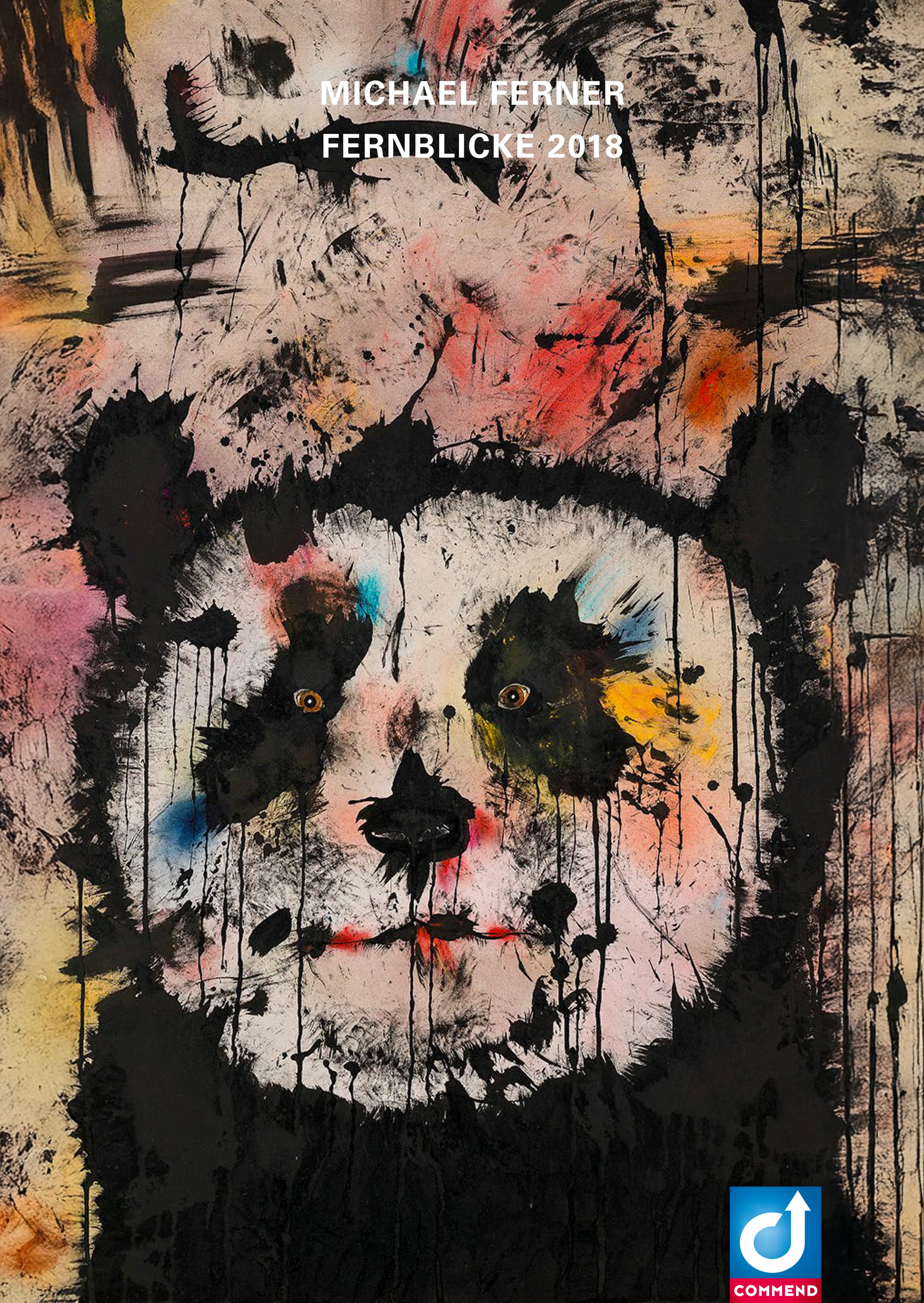 Michael Ferner: Fernblicke 2018 Panda Abstract painting of a panda face by Michael Ferner, "Fernblicke 2018," with COMMEND logo.