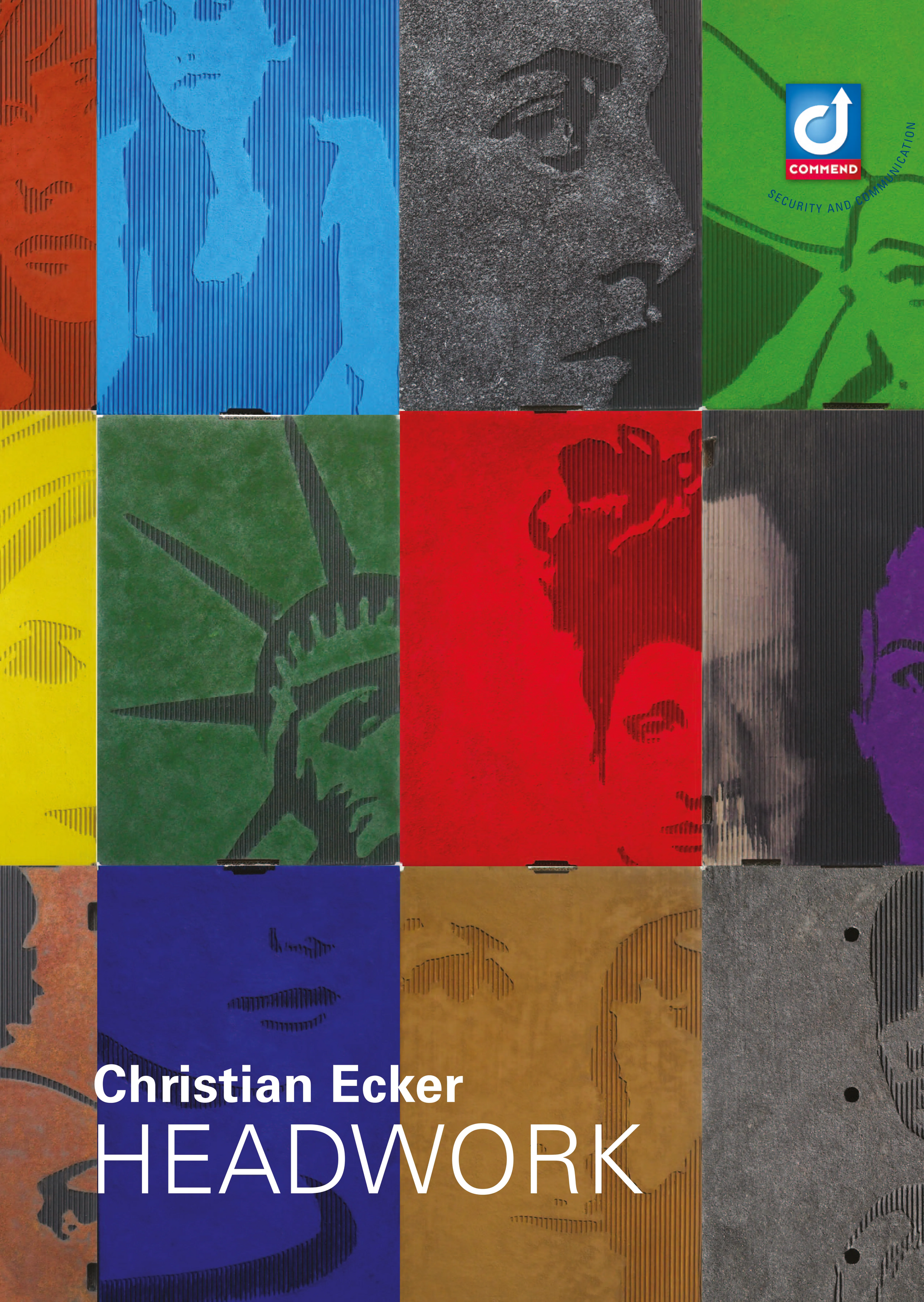 Christian Ecker HEADWORK & Commend Intercoms Grid art with textured faces/silhouettes in many colours. Christian Ecker HEADWORK. Commend intercom solutions.