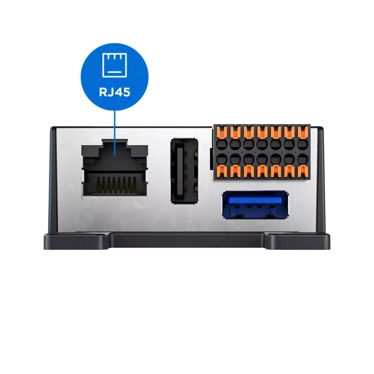 Connectivité pour votre système d'interphonie Vue arrière d'un appareil avec RJ45, ports USB et borniers. Crucial pour l'interphonie.