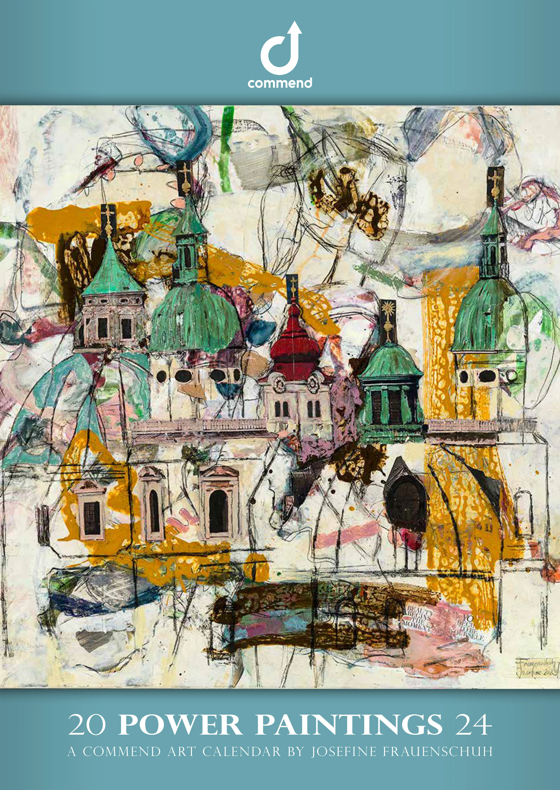 Commend Art Calendar 2024: Power Paintings Abstract painting of city architecture by Josefine Frauenschuh for Commend's 2024 art calendar, with logo.