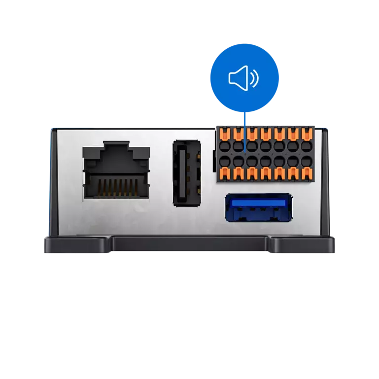 Connecteurs Module Interphone Panneau arrière d'un module interphone avec ports Ethernet, USB et borniers audio, icône de haut-parleur.