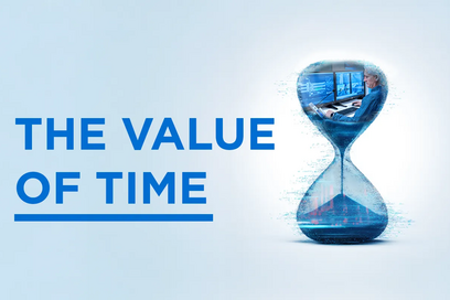 The Value of Time in Digital Work Hourglass with a digital worker and multiple screens inside, symbolizing time, efficiency, and data-driven productivity. Text: The Value of Time.
