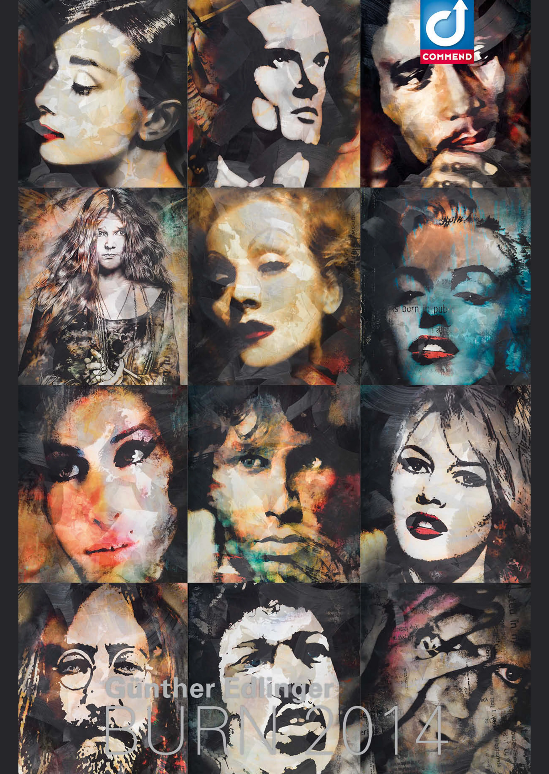 Art & Security: Iconic Faces Collage of 12 abstract portraits of famous individuals (e.g., Monroe, Lennon). Commend logo top right.
