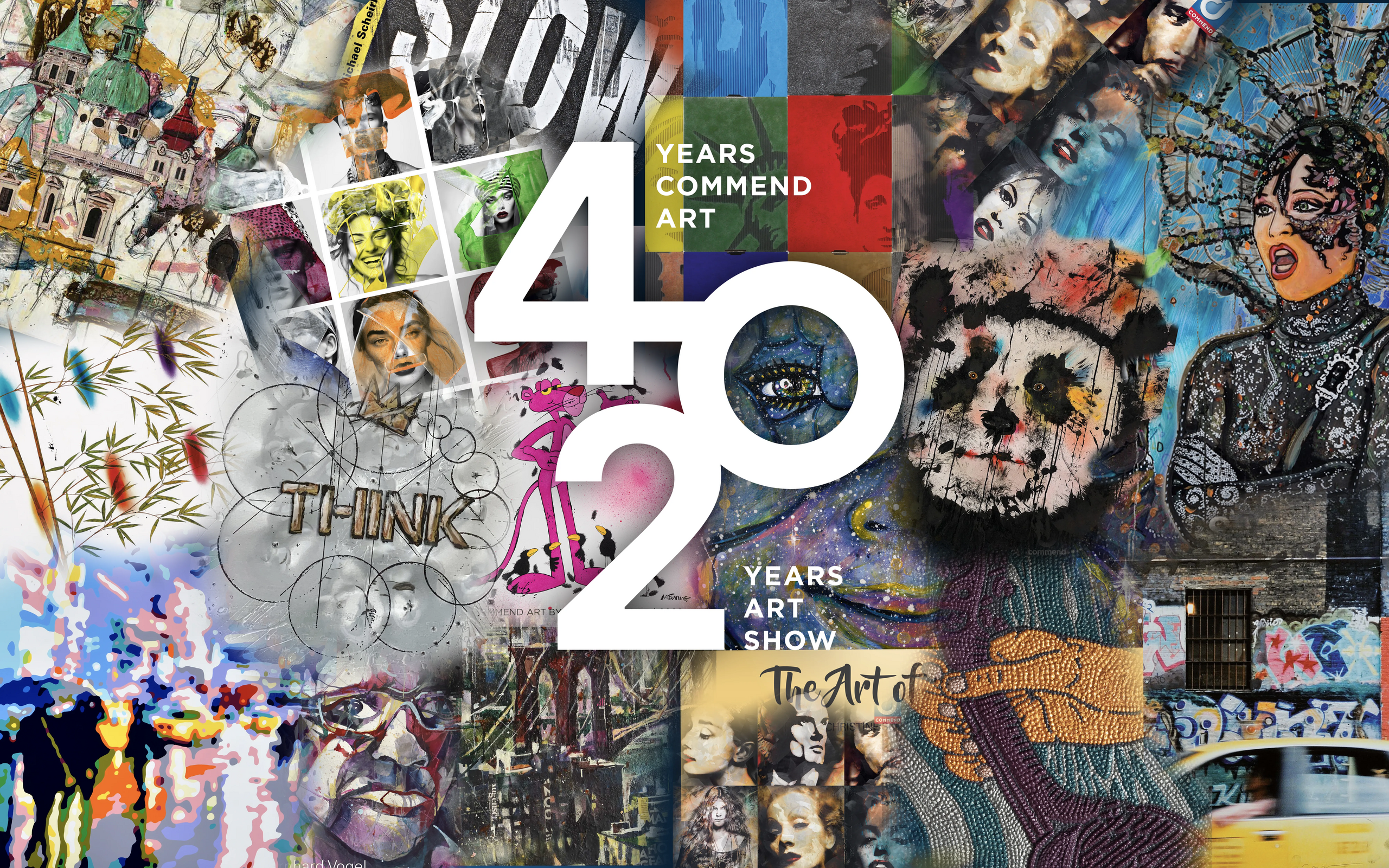 40 Years of Commend Art Show Art collage featuring "40 YEARS COMMEND ART" text, diverse paintings, and "Pink Panther".