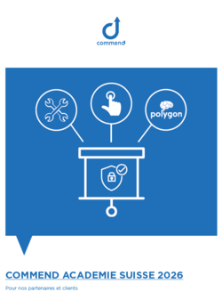 Commend Académie Suisse 2026 Logo Commend Académie Suisse 2026 avec icônes d'outils, interaction, Polygon IA et sécurité.