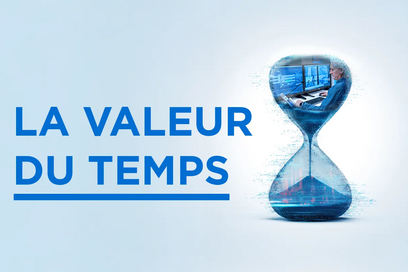 La Valeur du Temps Sablier numérique avec un homme travaillant sur des ordinateurs, texte 'La Valeur du Temps'.