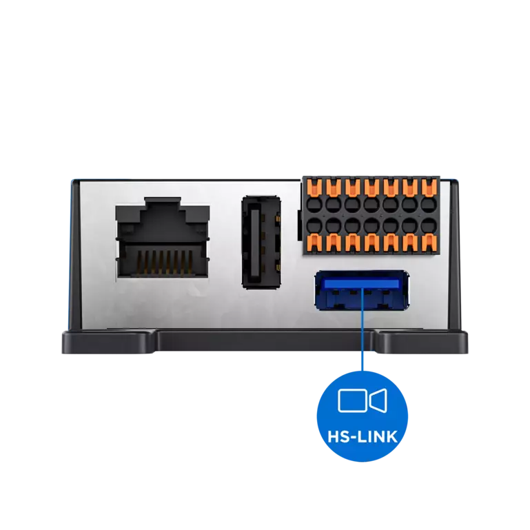 Connectique arrière interphone Panneau arrière d'un interphone avec ports Ethernet, USB, borniers et HS-LINK vidéo.